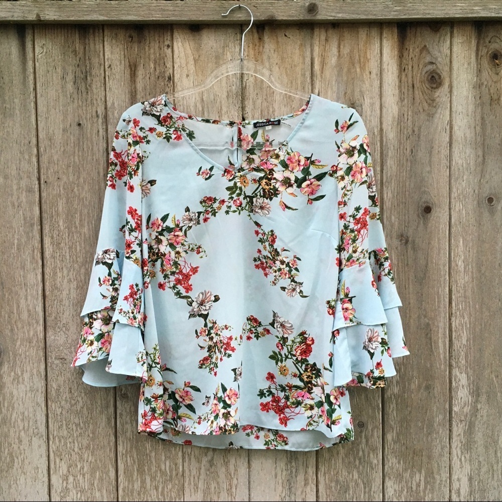 Jessica Rose Floral 3/4 Ruffle Sleeve Top Small - Picture 2 of 8